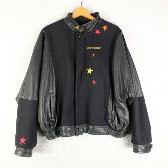 Vintage Curque Du Soleil Bomber Jacket Mens XXL 2XL Black Leather Wool Oversized - Picture 1 of 11